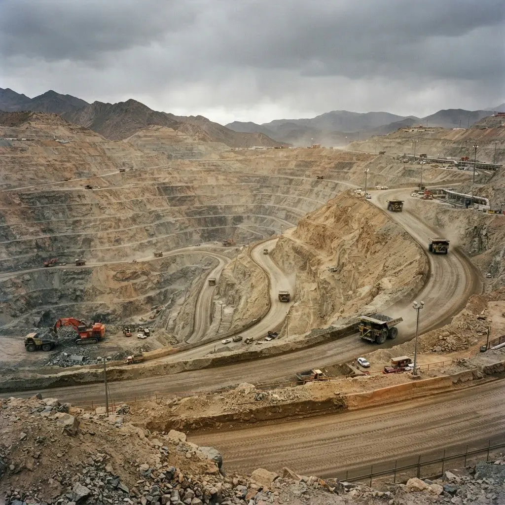 Open pit mine with haul trucks on terraced benches