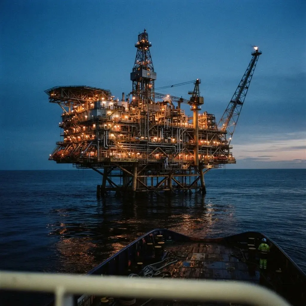 Offshore oil and gas platform at blue hour