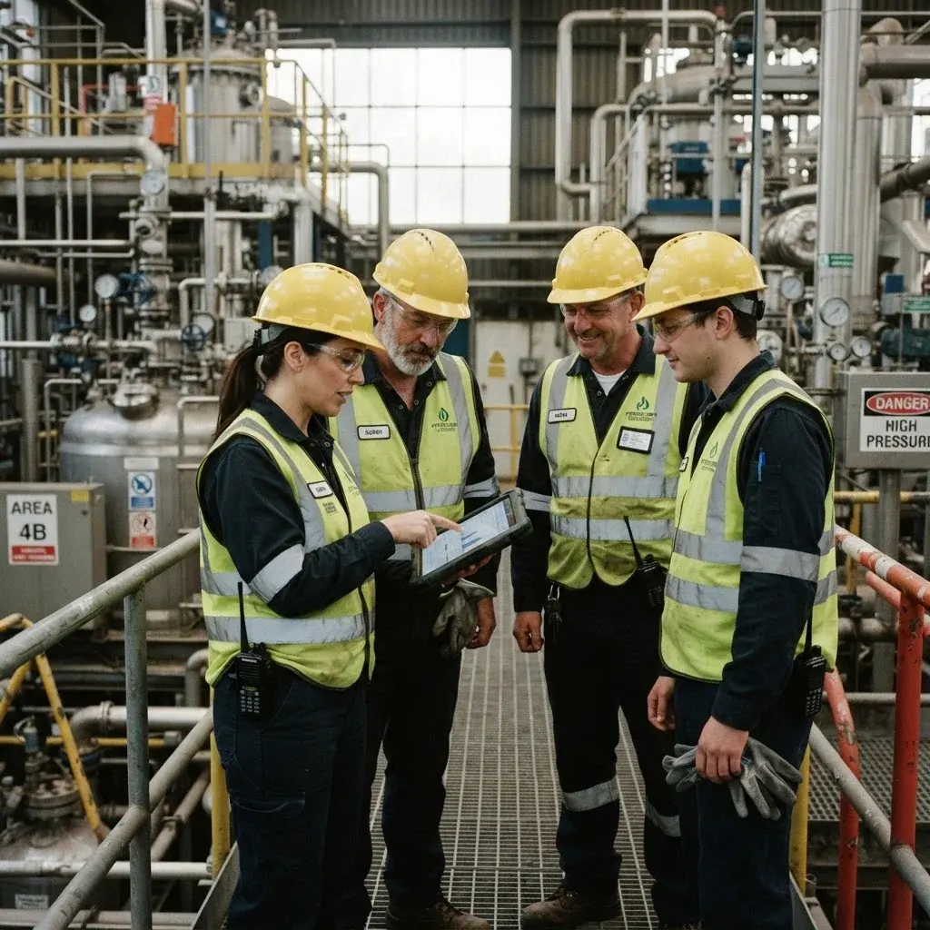 Industrial workers in hard hats and high-visibility vests during a shift handover briefing